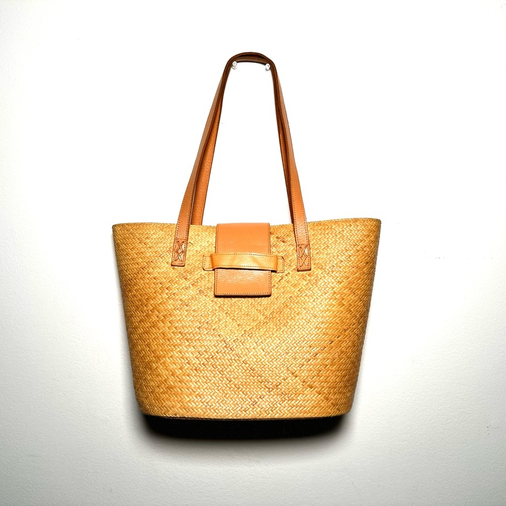 Woven Straw Tote Bag with Tan Leather Straps